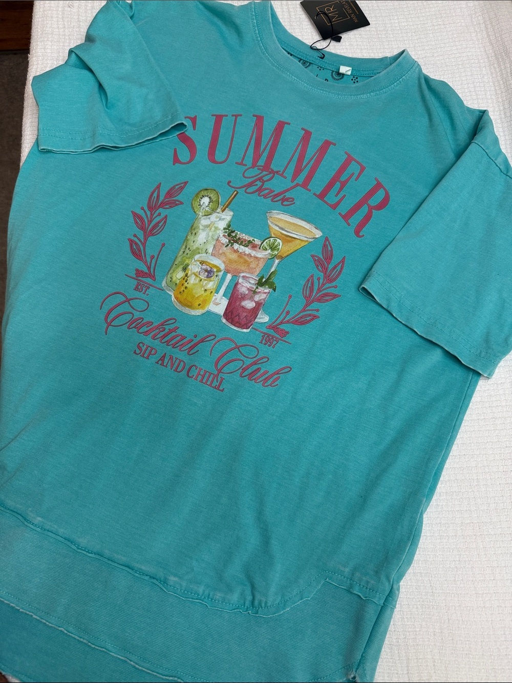 Summer Cocktail Club Graphic Tee - Teal. U-shaped bottom hem. Oversized comfy.